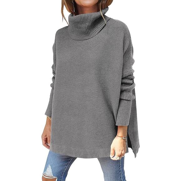 Anrabess Sweaters - Anrabess Ribbed Turtleneck Oversized Sweater Gray Size M